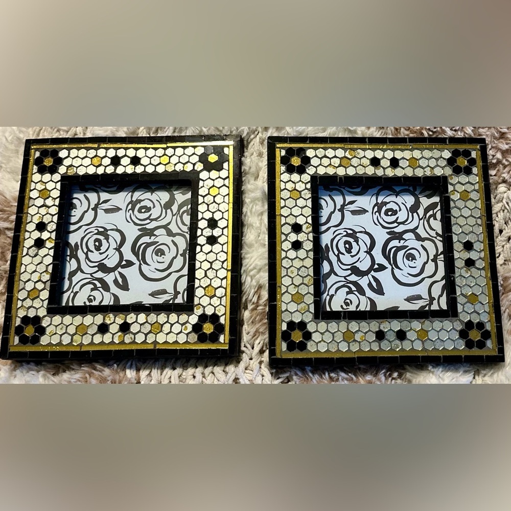 Anthropologie Mosaic Tile 4x4 Picture Frames â Set of 2, Black/White/Gold, NWT